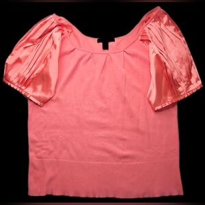 Ashley Stewart Plus Size 22/24 Coral Puff Sleeve Knit Top Satin Sleeves Blouse